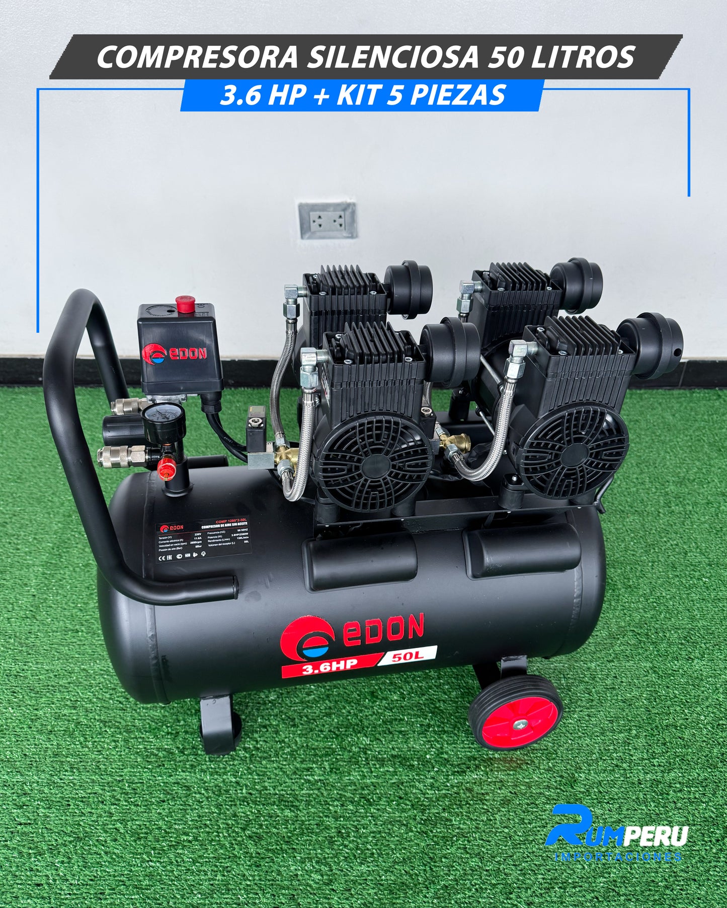 Compresora 50 Litros Silenciosa 3.6 HP + Kit De 5 Piezas