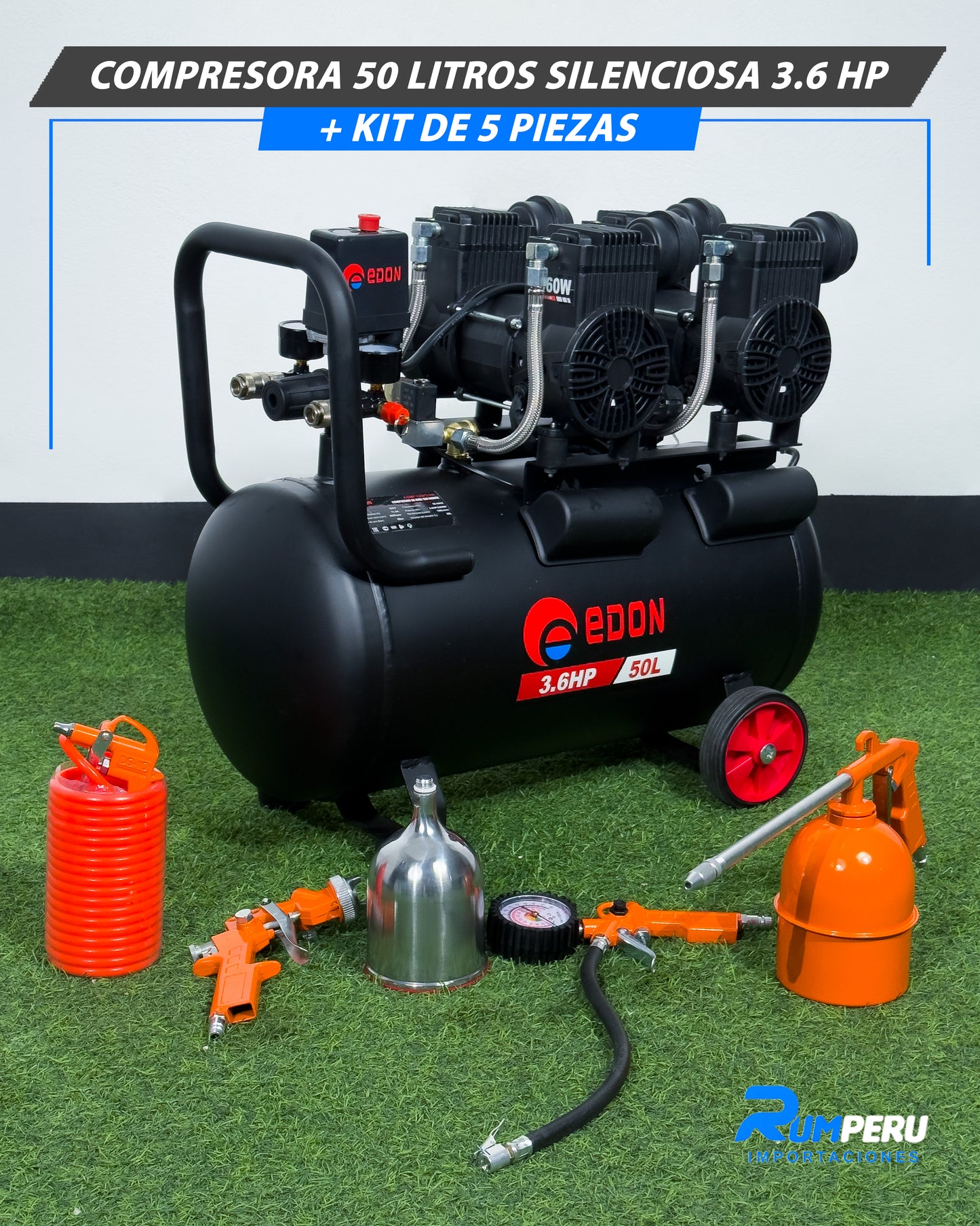 Compresora 50 Litros Silenciosa 3.6 HP + Kit De 5 Piezas