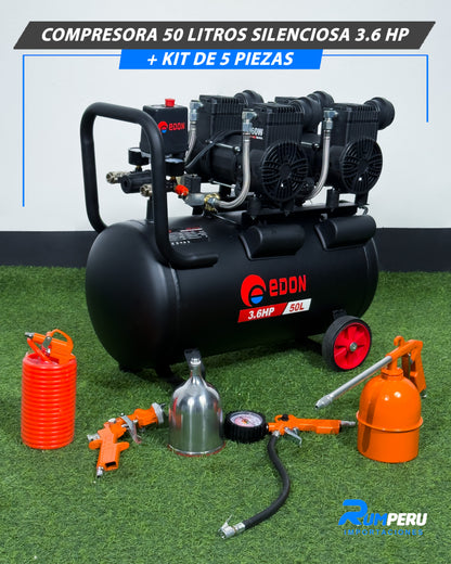Compresora 50 Litros Silenciosa 3.6 HP + Kit De 5 Piezas