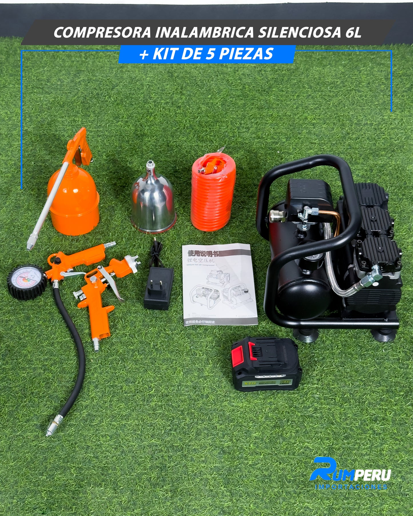 Compresora Inalámbrica Silenciosa 6L + Kit De 5 Piezas