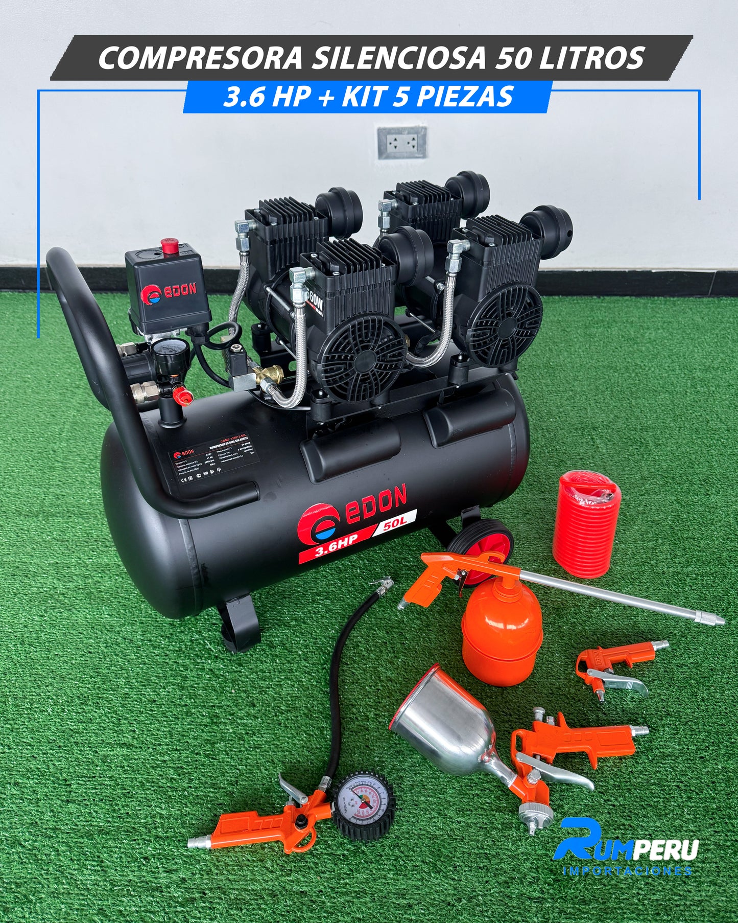 Compresora 50 Litros Silenciosa 3.6 HP + Kit De 5 Piezas