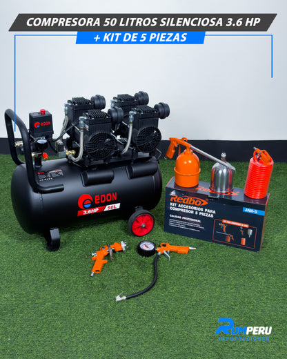 Compresora 50 Litros Silenciosa 3.6 HP + Kit De 5 Piezas