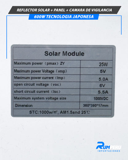 Reflector Solar + Panel + Cámara De Vigilancia 600W Tecnología Japonesa