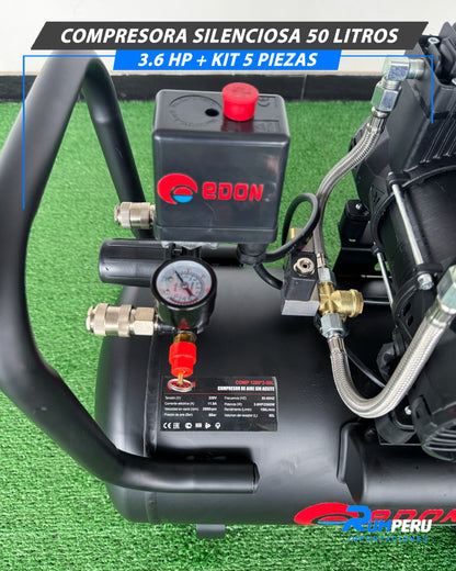 Compresora 50 Litros Silenciosa 3.6 HP + Kit De 5 Piezas