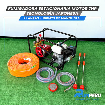 FUMIGADORA ESTACIONARIA MOTOR 7HP TECNOLOGÍA JAPONESA 2 LANZAS - 100 MTS DE MANGERA