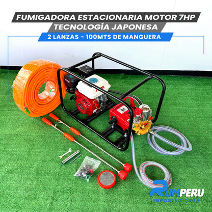 FUMIGADORA ESTACIONARIA MOTOR 7HP TECNOLOGÍA JAPONESA 2 LANZAS - 100 MTS DE MANGERA