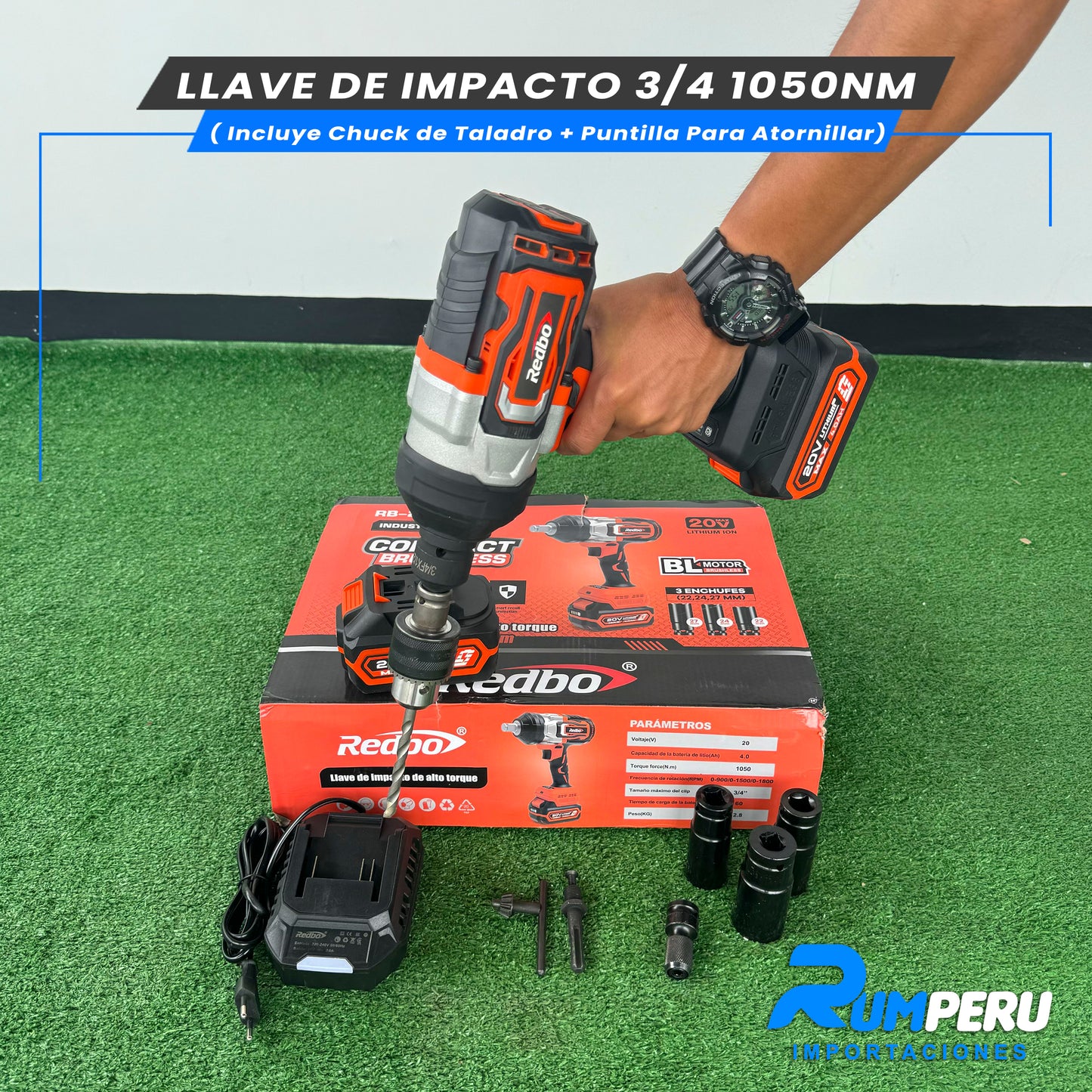 LLAVE D IMPACTO 3/4 1050NM (INCLUYE CHUCK DE TALADRO + PUNTILLA PARA ATORNILLAR)