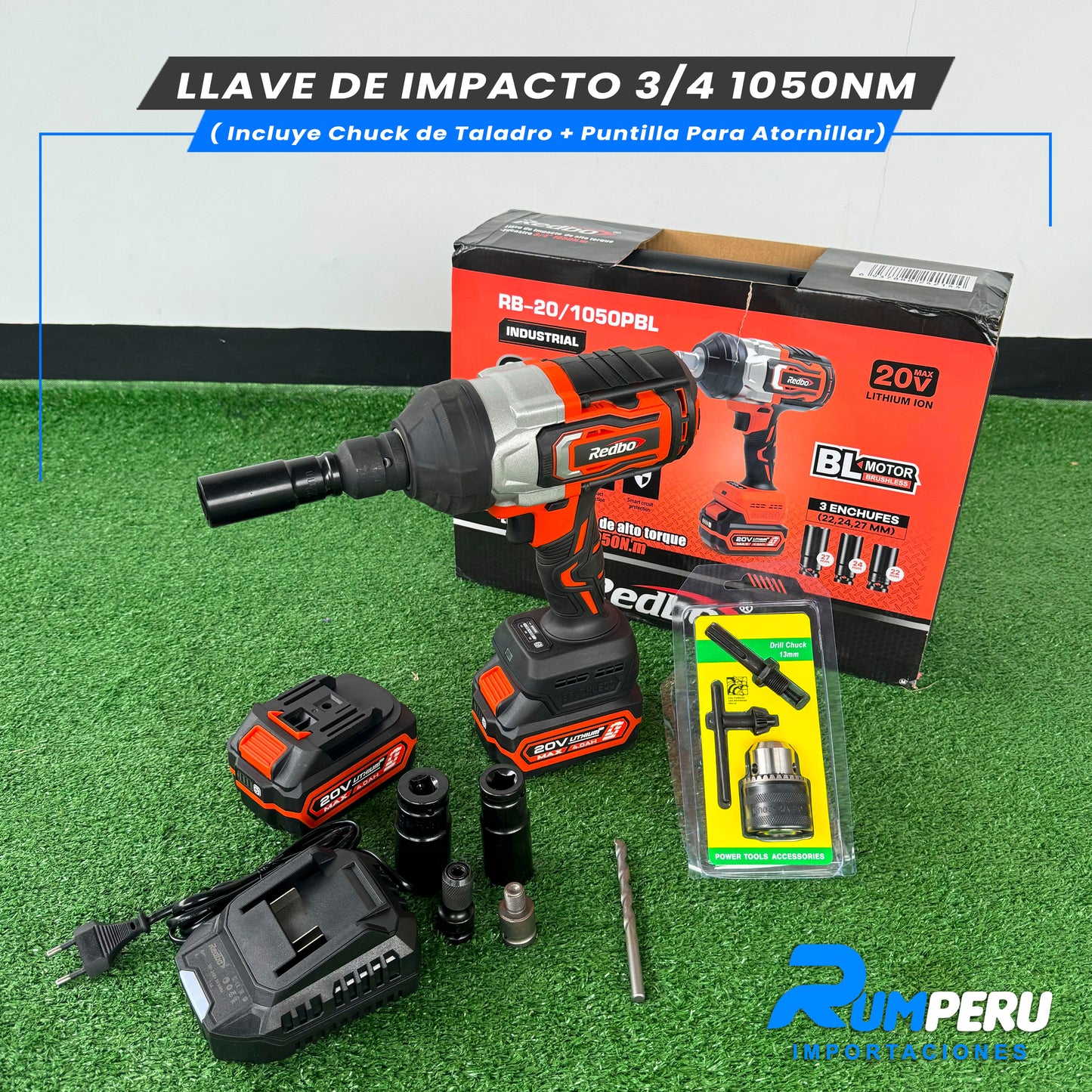 LLAVE D IMPACTO 3/4 1050NM (INCLUYE CHUCK DE TALADRO + PUNTILLA PARA ATORNILLAR)