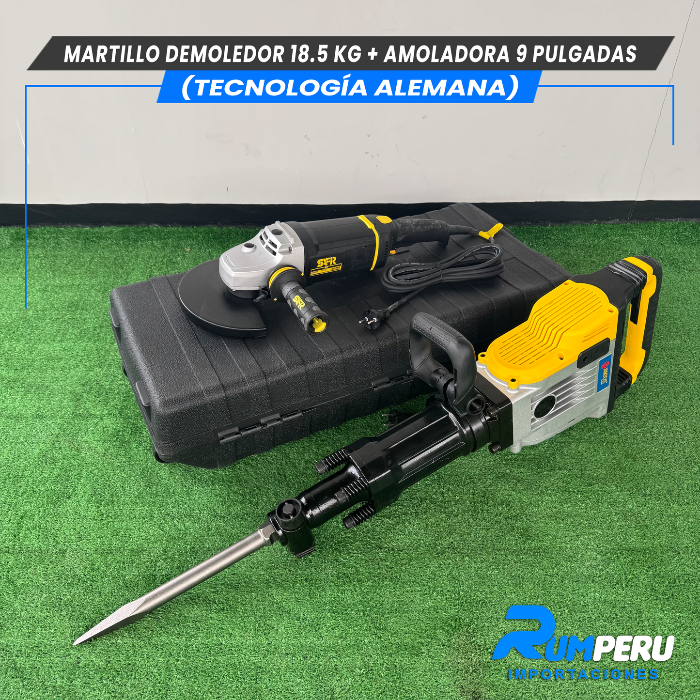 Martillo demoledor 18.5 KG + Amoladora 9 pulgadas (Tecnología Alemana )