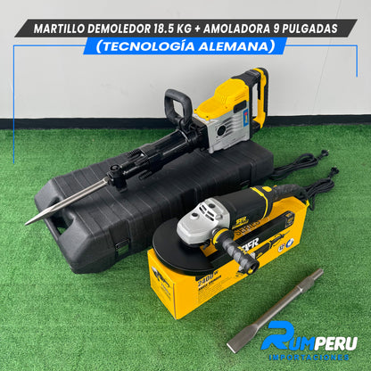 Martillo demoledor 18.5 KG + Amoladora 9 pulgadas (Tecnología Alemana )