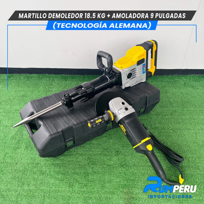 Martillo demoledor 18.5 KG + Amoladora 9 pulgadas (Tecnología Alemana )