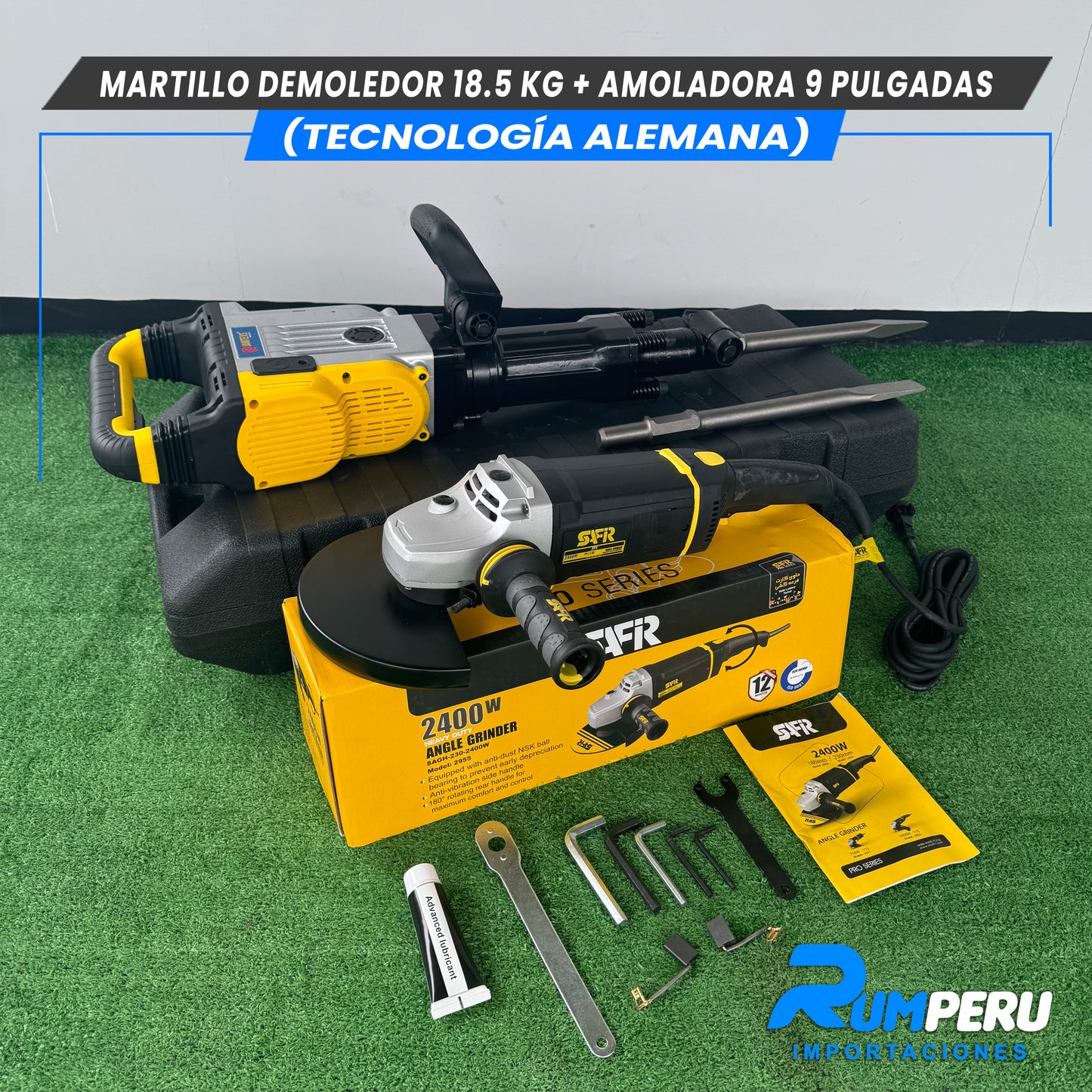 Martillo demoledor 18.5 KG + Amoladora 9 pulgadas (Tecnología Alemana )