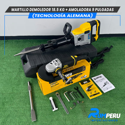 Martillo demoledor 18.5 KG + Amoladora 9 pulgadas (Tecnología Alemana )