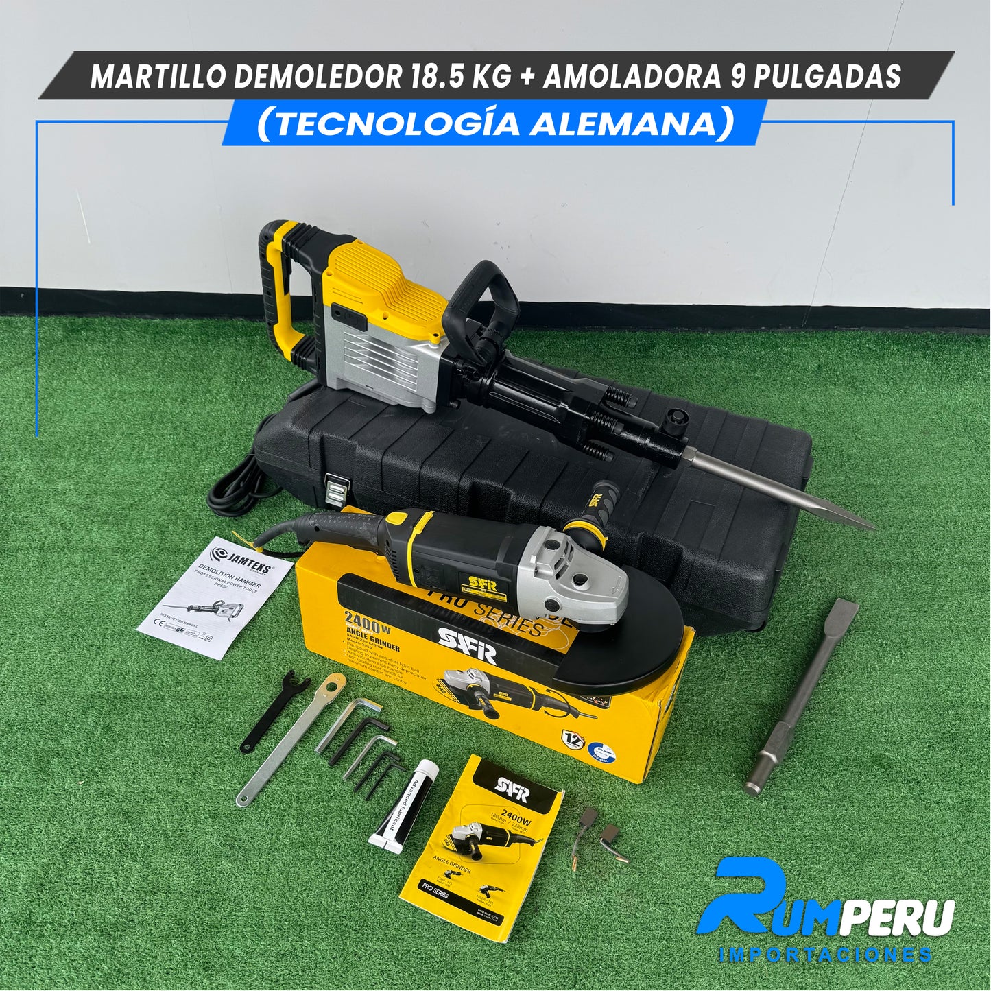 Martillo demoledor 18.5 KG + Amoladora 9 pulgadas (Tecnología Alemana )