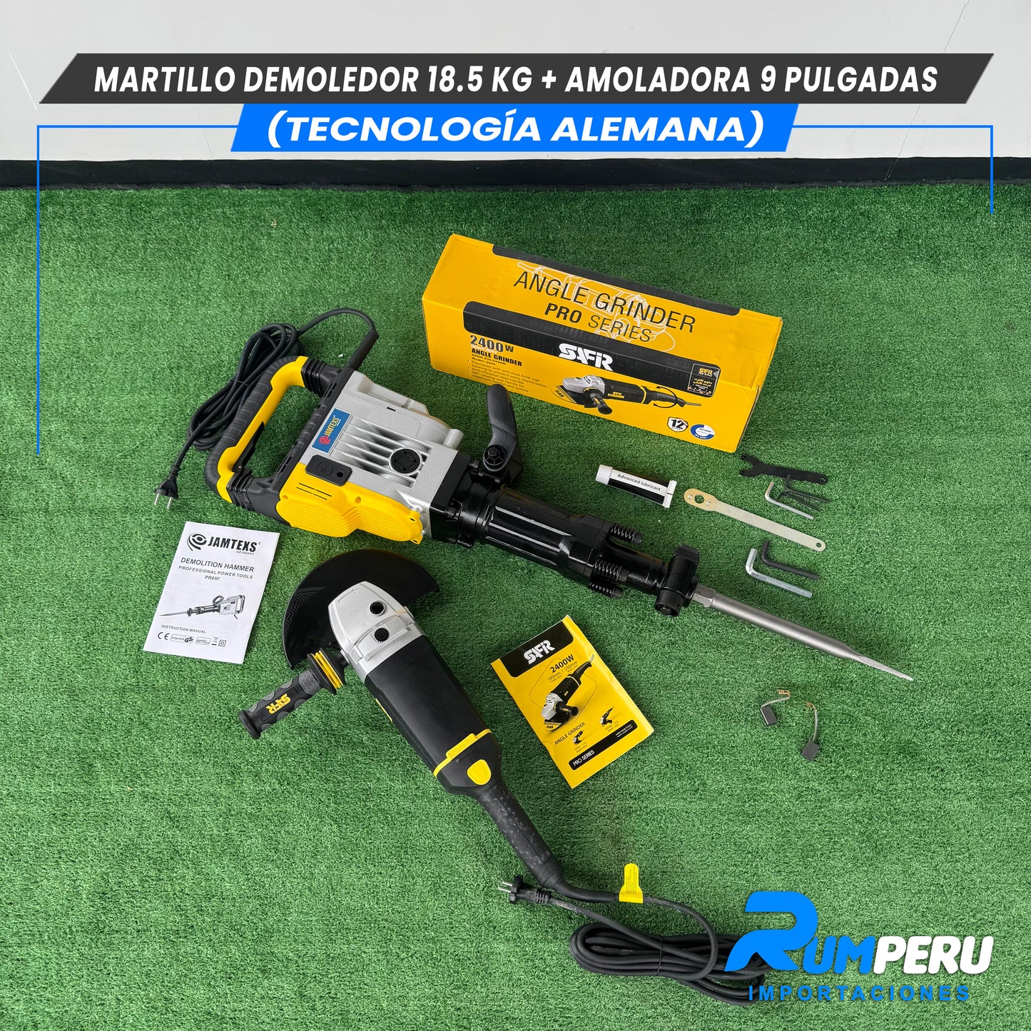 Martillo demoledor 18.5 KG + Amoladora 9 pulgadas (Tecnología Alemana )