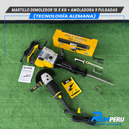 Martillo demoledor 18.5 KG + Amoladora 9 pulgadas (Tecnología Alemana )