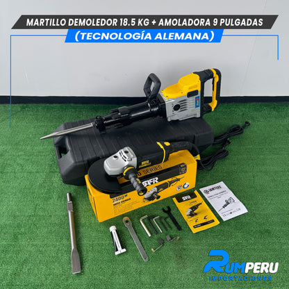 Martillo demoledor 18.5 KG + Amoladora 9 pulgadas (Tecnología Alemana )