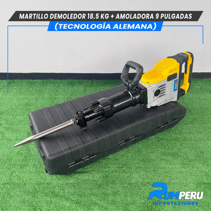 Martillo demoledor 18.5 KG + Amoladora 9 pulgadas (Tecnología Alemana )
