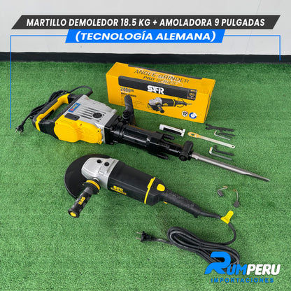 Martillo demoledor 18.5 KG + Amoladora 9 pulgadas (Tecnología Alemana )
