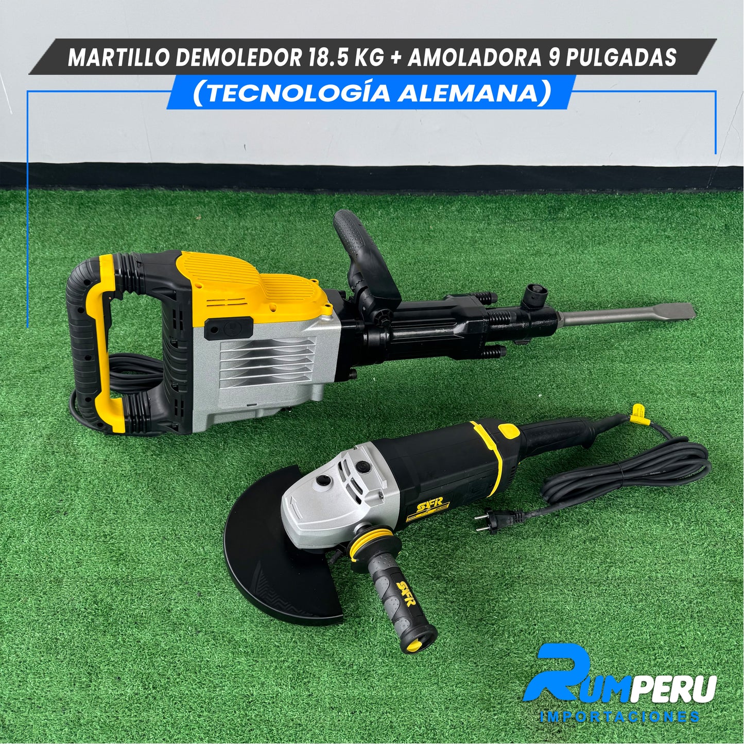 Martillo demoledor 18.5 KG + Amoladora 9 pulgadas (Tecnología Alemana )
