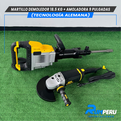 Martillo demoledor 18.5 KG + Amoladora 9 pulgadas (Tecnología Alemana )