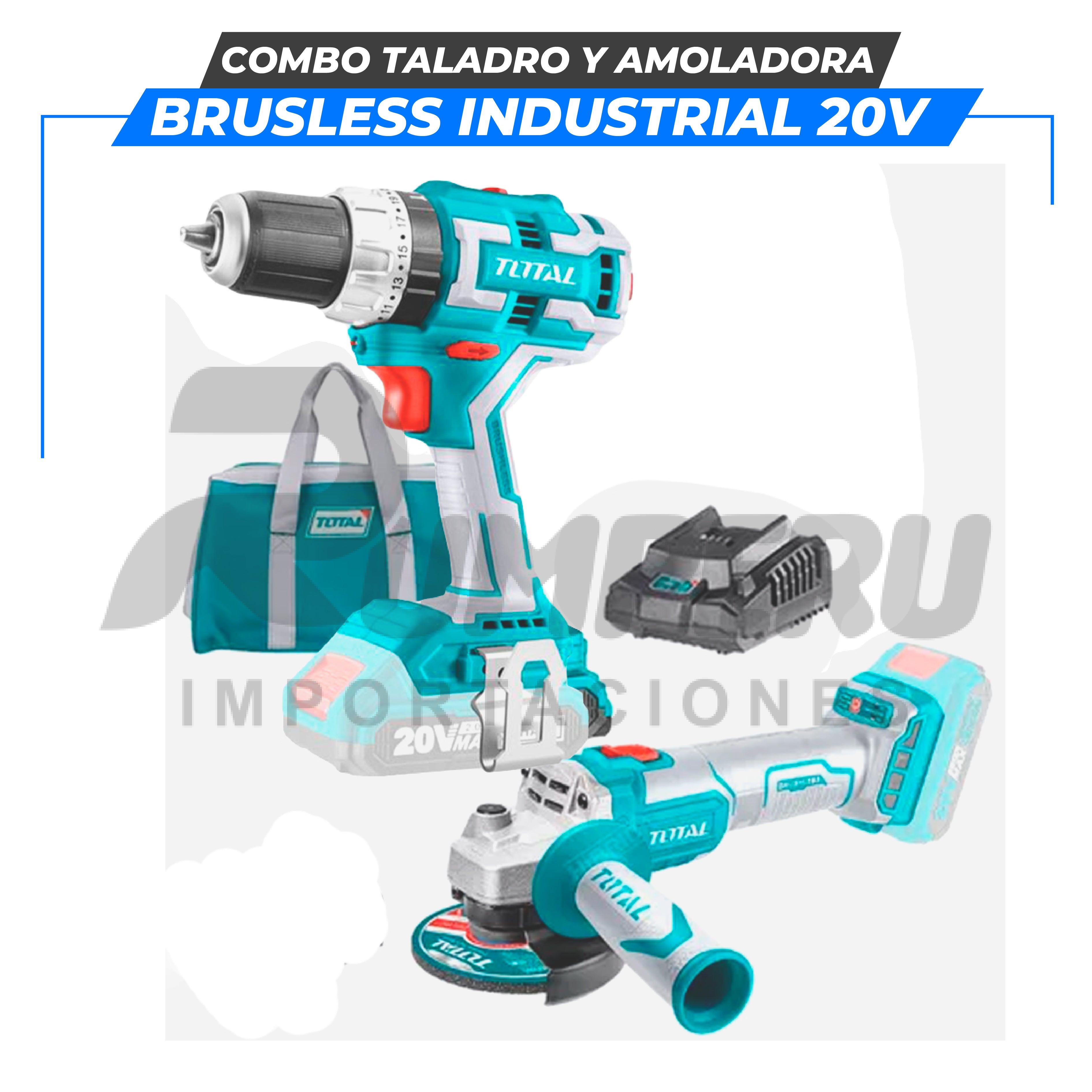 Combo Taladro y Amoladora BRUSLESS 20V INDUSTRIAL