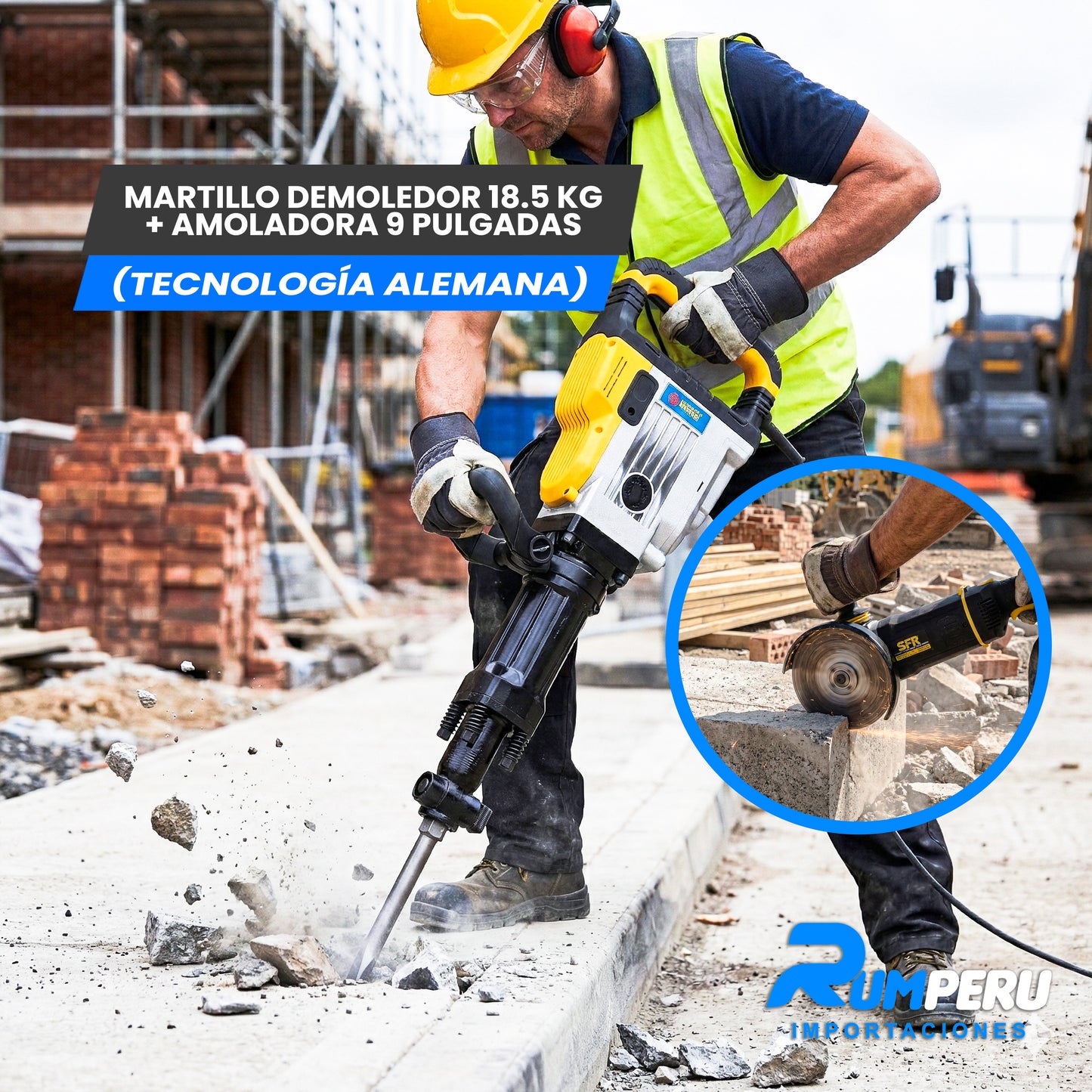 Martillo demoledor 18.5 KG + Amoladora 9 pulgadas (Tecnología Alemana )