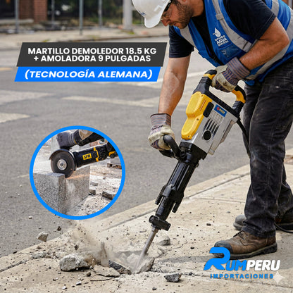 Martillo demoledor 18.5 KG + Amoladora 9 pulgadas (Tecnología Alemana )