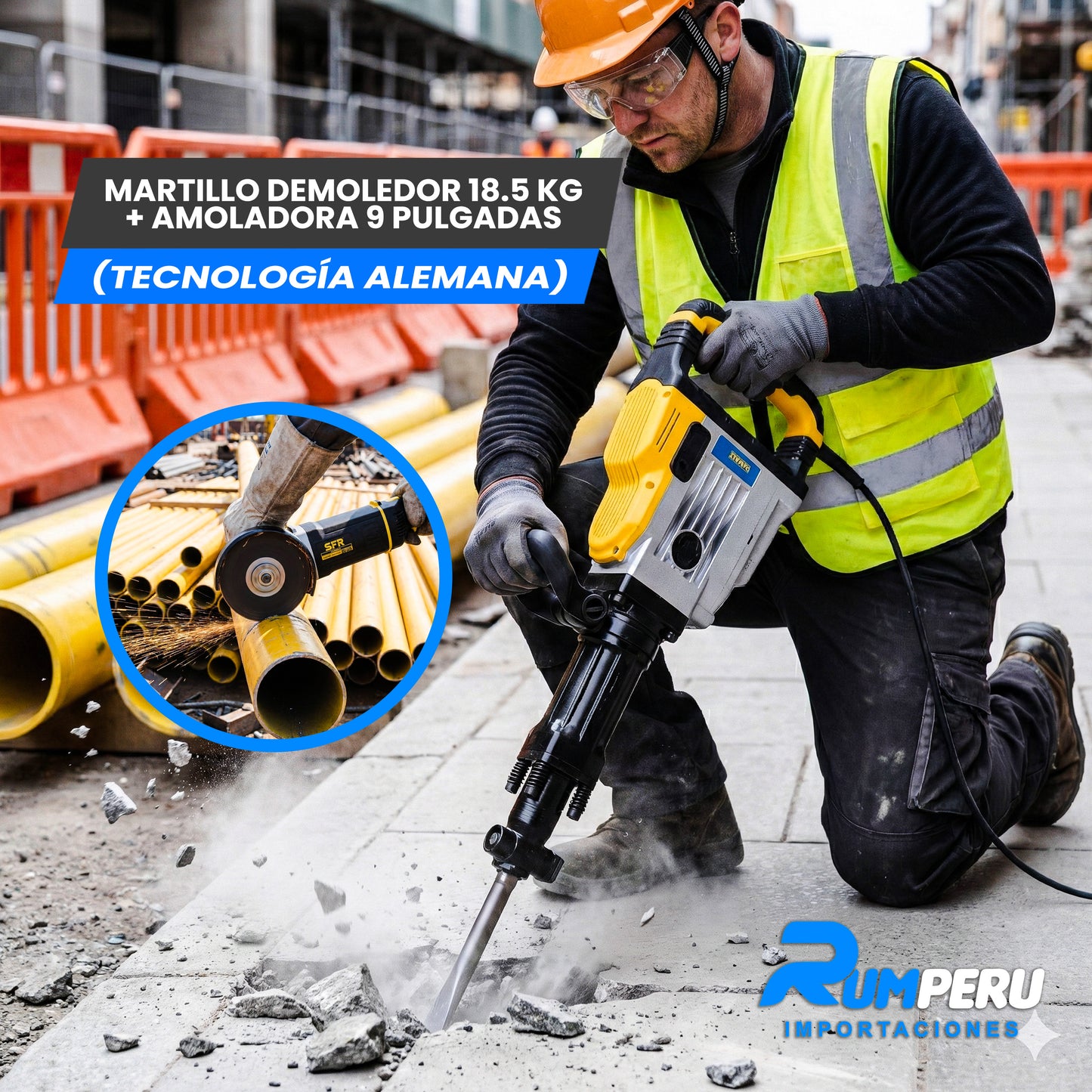 Martillo demoledor 18.5 KG + Amoladora 9 pulgadas (Tecnología Alemana )