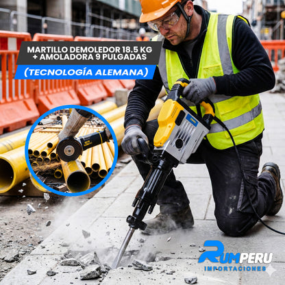 Martillo demoledor 18.5 KG + Amoladora 9 pulgadas (Tecnología Alemana )