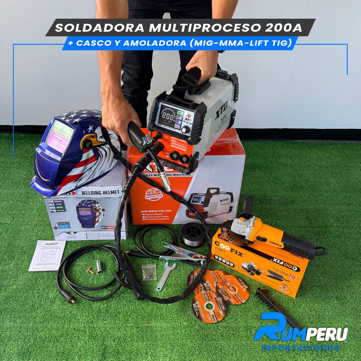 SOLDADORA MULTIPROCESO 200 APERIOS + CASCO Y AMOLADORA