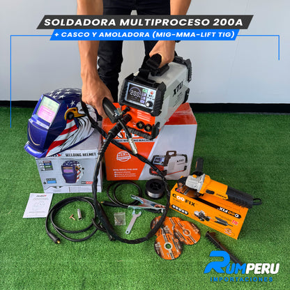 SOLDADORA MULTIPROCESO 200 APERIOS + CASCO Y AMOLADORA