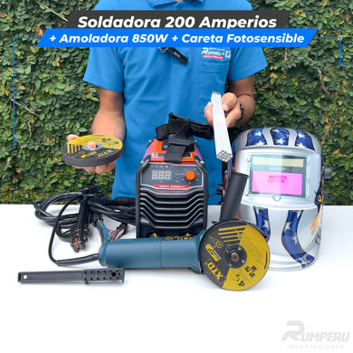 Soldadora 200 Amperios + Amoladora 850W + Careta Fotosensible