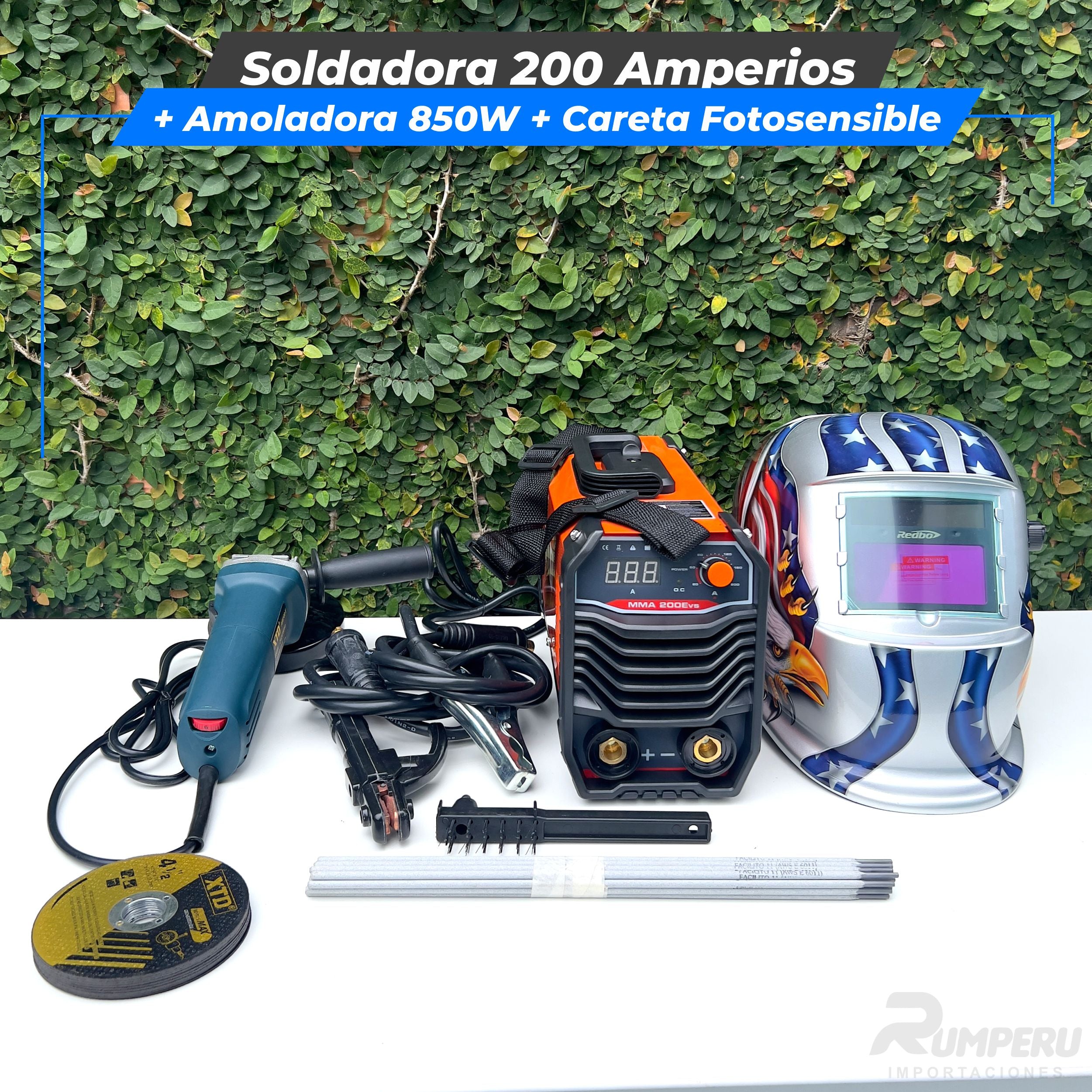 Soldadora 200 Amperios + Amoladora 850W + Careta Fotosensible