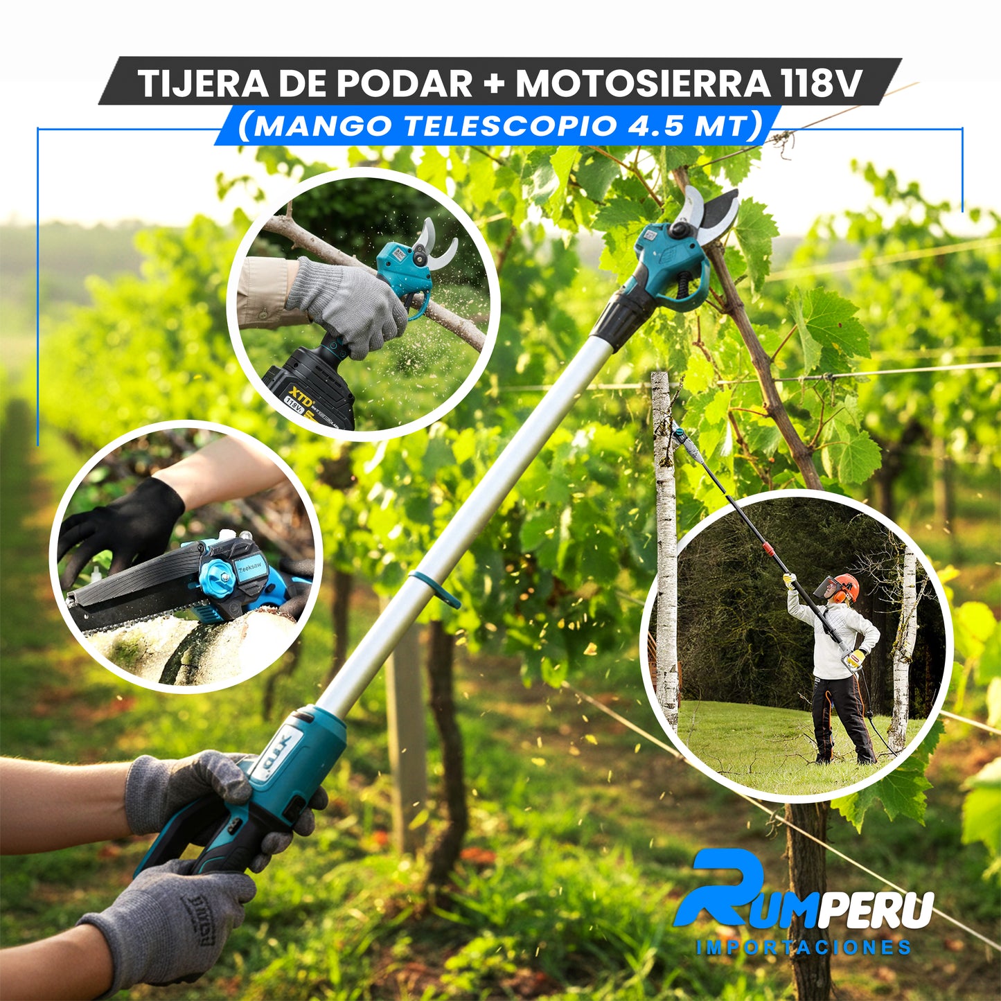 Tijera de podar + Motosierra 118V (Mango telescópico 4.5 MT)