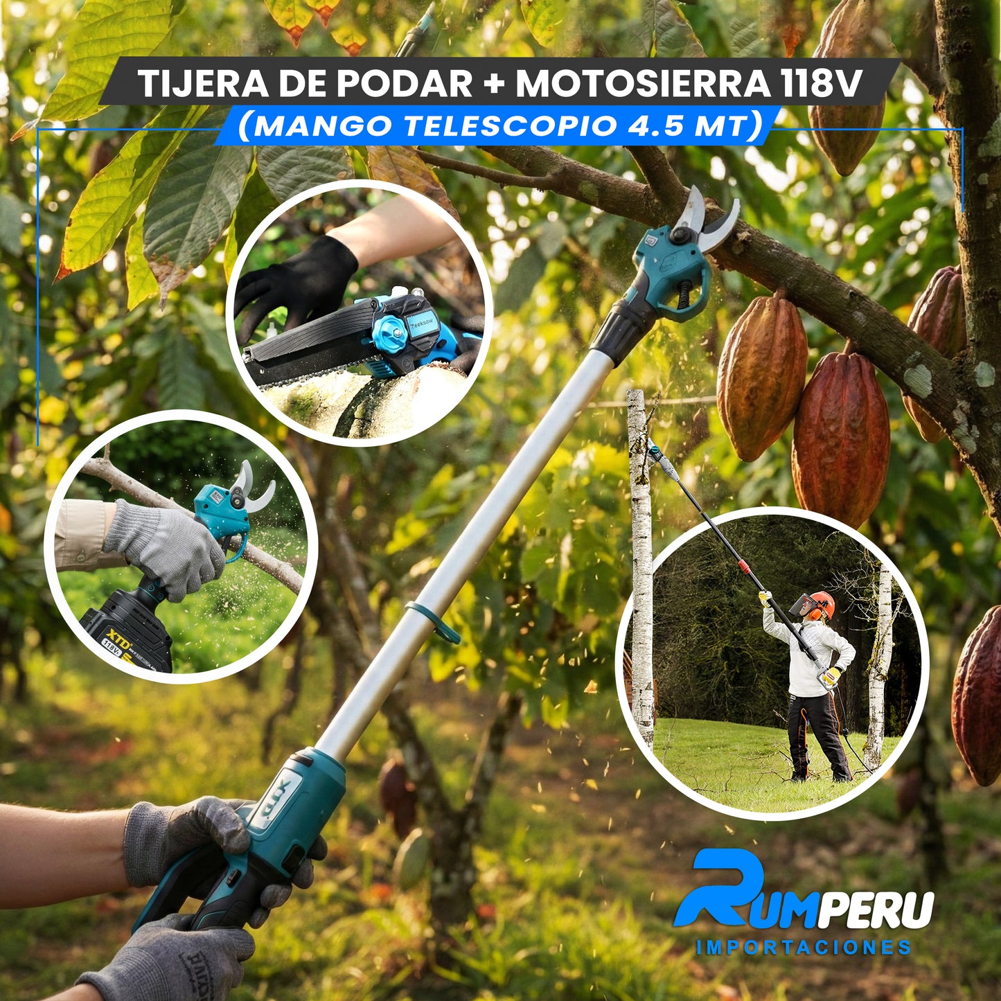 Tijera de podar + Motosierra 118V (Mango telescópico 4.5 MT)