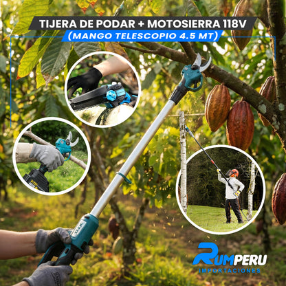 Tijera de podar + Motosierra 118V (Mango telescópico 4.5 MT)