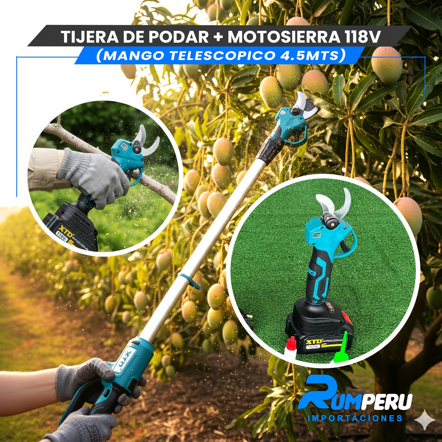 Tijera de podar + Motosierra 118V (Mango telescópico 4.5 MT)