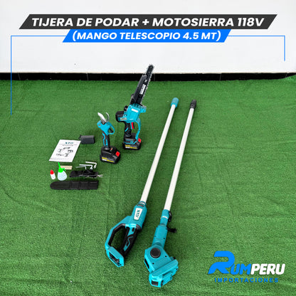 Tijera de podar + Motosierra 118V (Mango telescópico 4.5 MT)
