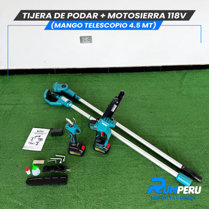 Tijera de podar + Motosierra 118V (Mango telescópico 4.5 MT)