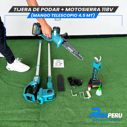 Tijera de podar + Motosierra 118V (Mango telescópico 4.5 MT)