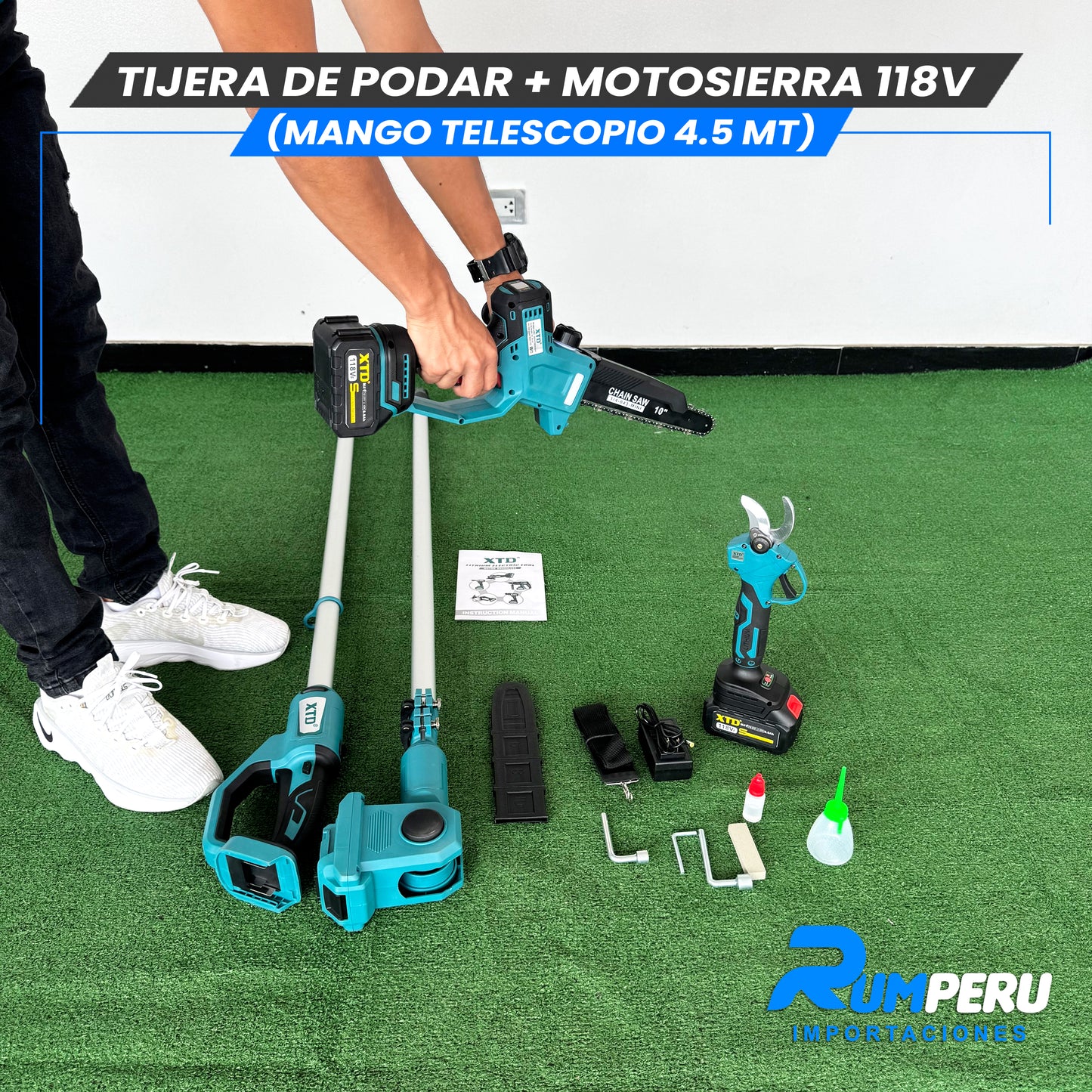 Tijera de podar + Motosierra 118V (Mango telescópico 4.5 MT)