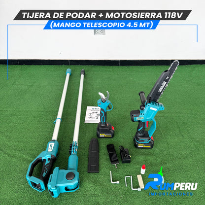 Tijera de podar + Motosierra 118V (Mango telescópico 4.5 MT)