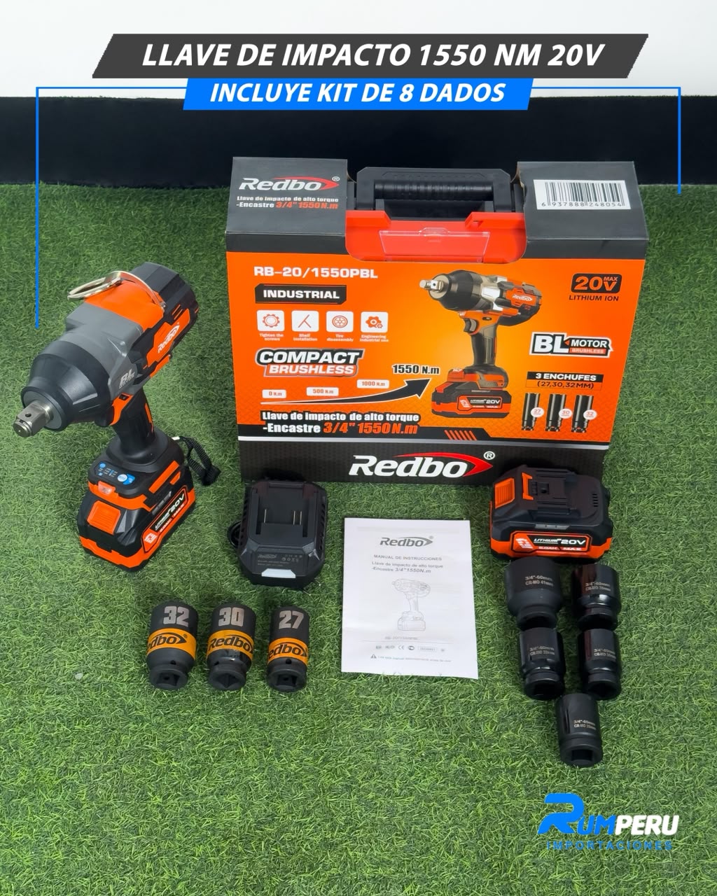 Llave de Impacto 1550 Nm + 8 Dados de Regalo