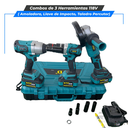 Super Combo 3 Herramientas (Llave de Impacto, Taladro, Amoladora 118V)