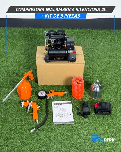 Compresora Inalámbrica Silenciosa 4L + Kit 5 Piezas