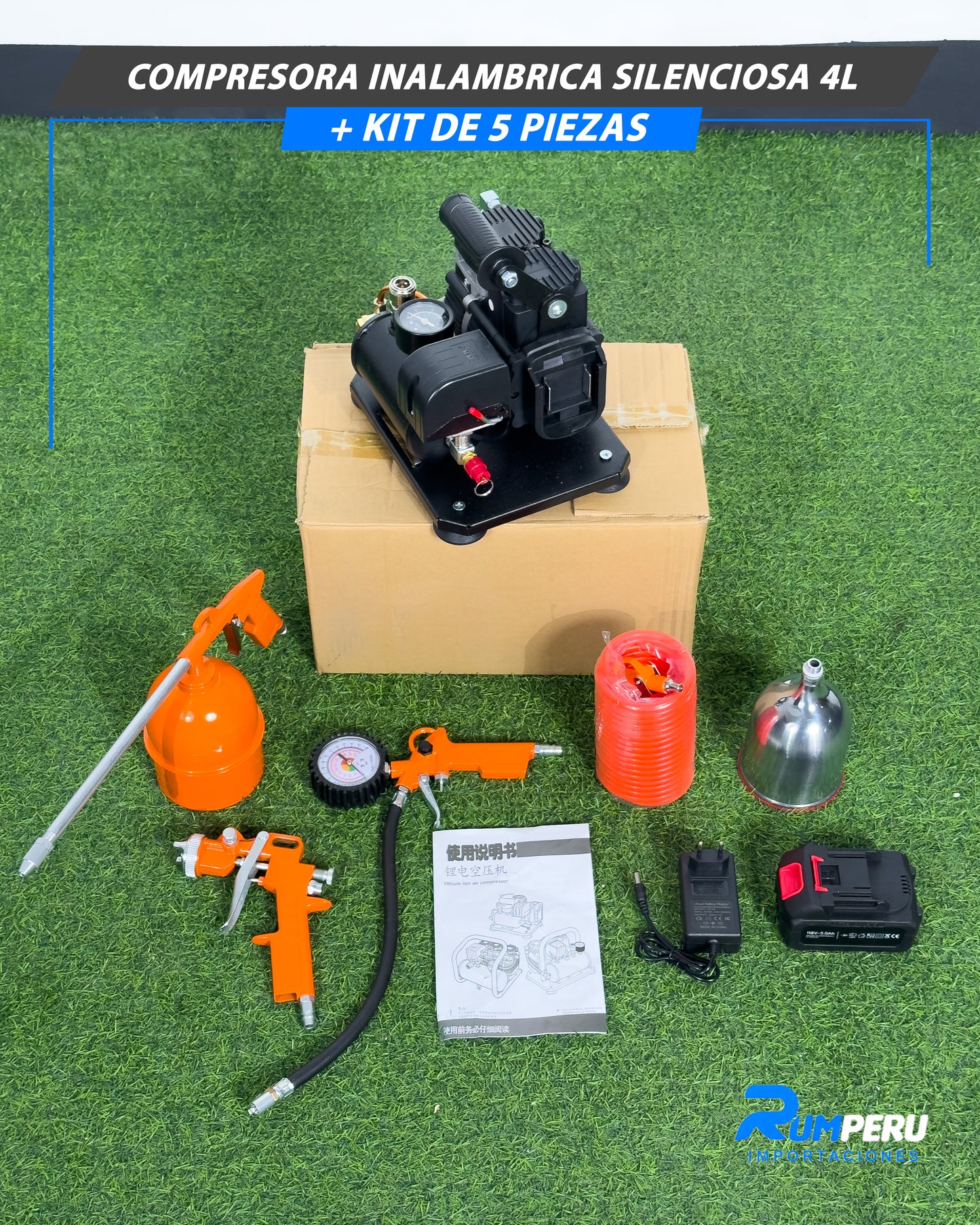 Compresora Inalámbrica Silenciosa 4L + Kit 5 Piezas