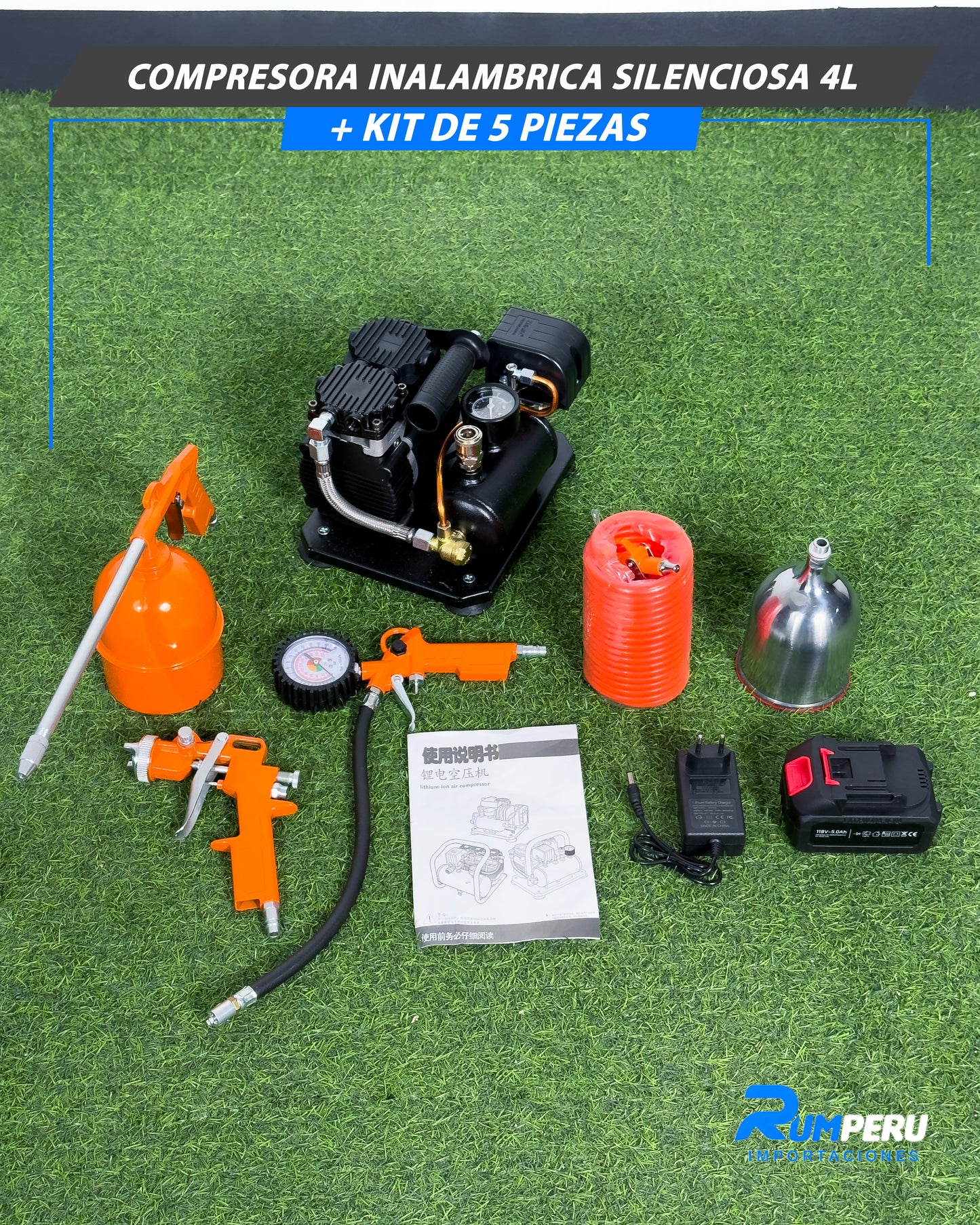 Compresora Inalámbrica Silenciosa 4L + Kit 5 Piezas