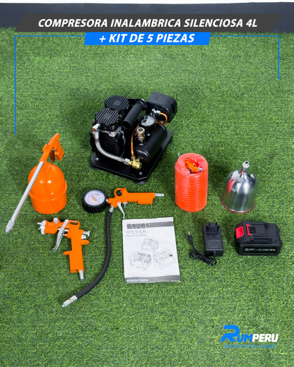 Compresora Inalámbrica Silenciosa 4L + Kit 5 Piezas