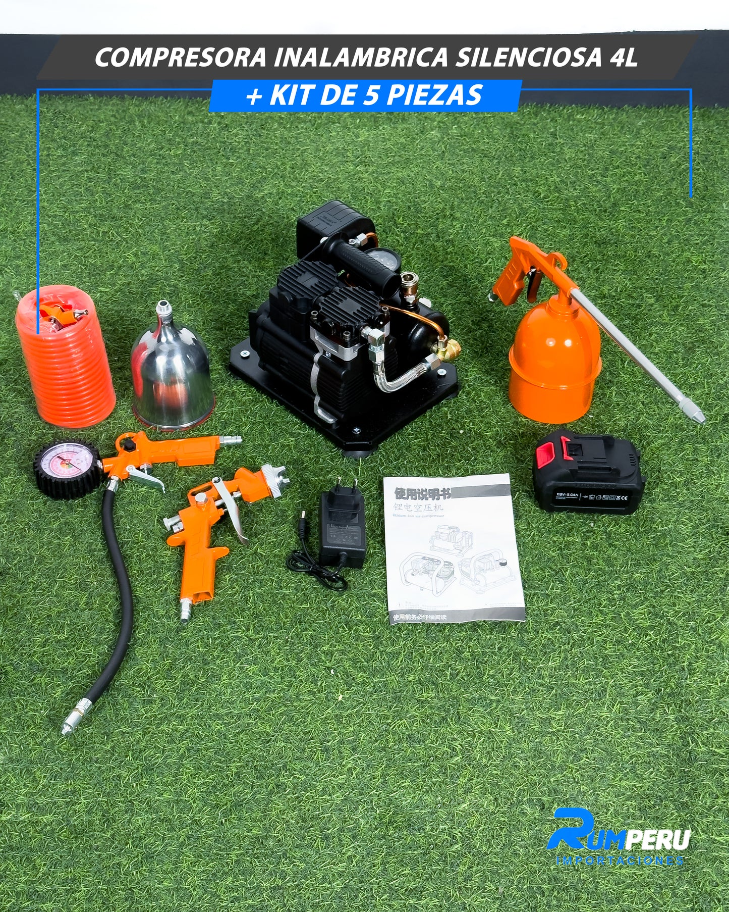Compresora Inalámbrica Silenciosa 4L + Kit 5 Piezas